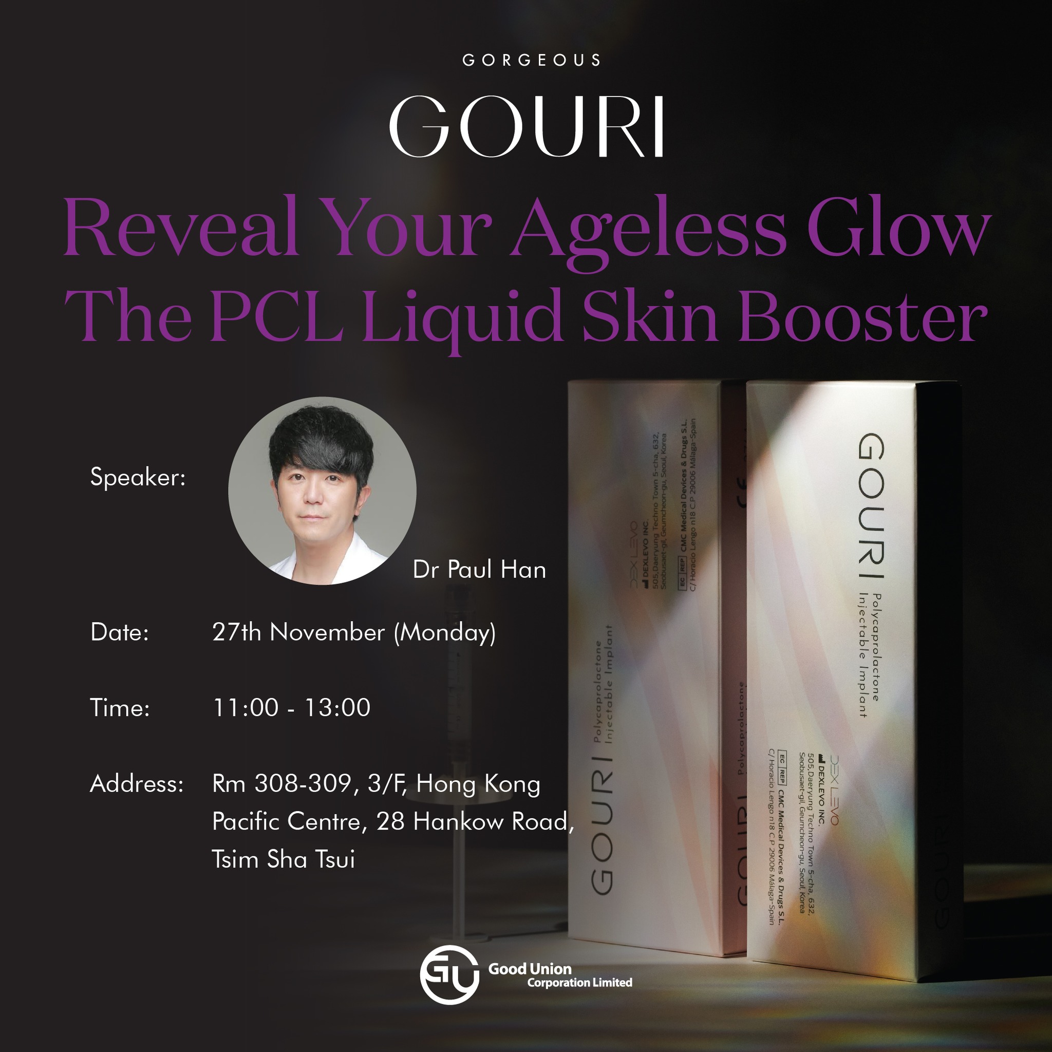 GOURI WORKSHOP<br>題目: Reveal Your Ageless Glow – The PCL Liquis Skin Booster<br>日期:27-11-2023<br>時間: 11:00-13:00<br>地點:尖沙咀</br>